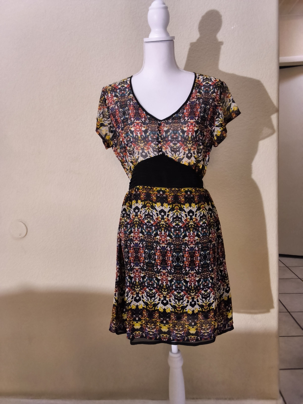 LA Made Multicolor Abstract Print Mini Dress with Black Waist